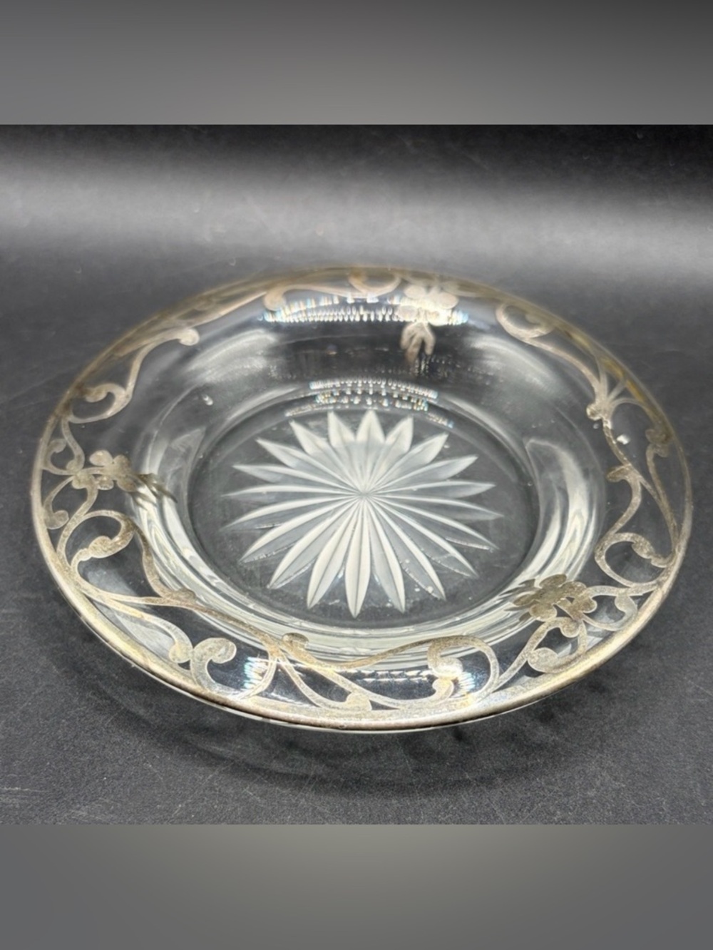 Vintage Silver Overlay Floral Cut Starburst Motif Glass Trinket Dish Coaster